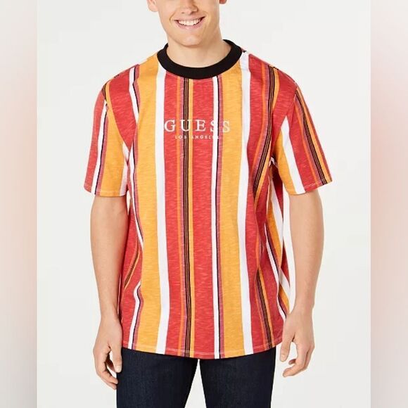 Guess Men's Vertical Striped Tee Shirt 90s Y2K Streetwear Athleisure Preppy S - Picture 1 of 10